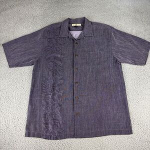 Tommy Bahama Mens Silk Cotton Button Up Shirt Floral Hawaiian Gray Purple Size M